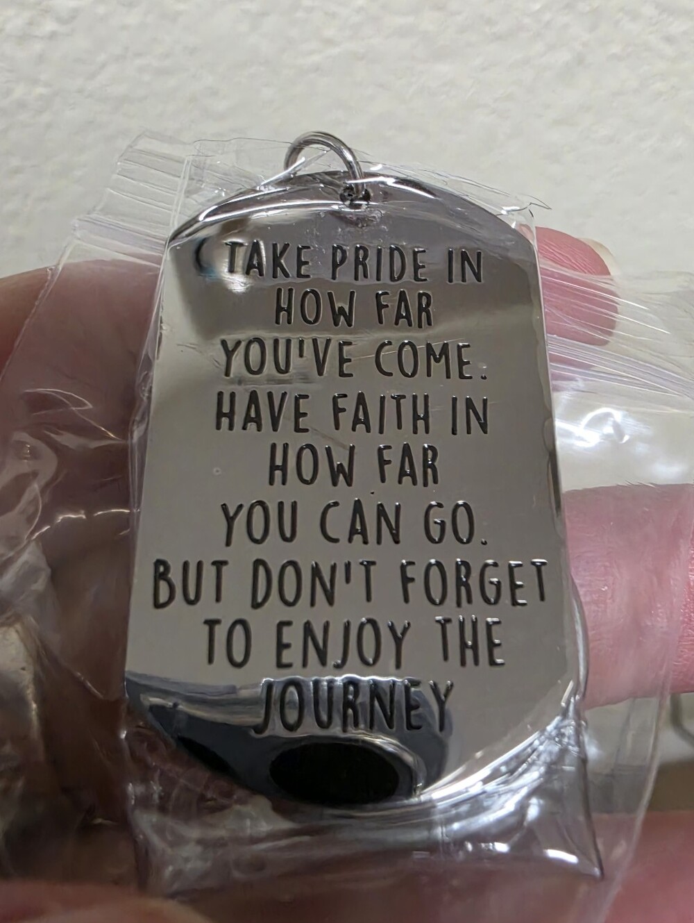 Inspirational Silver Dog Tag Pendant Or Keychain "Enjoy the Journey"